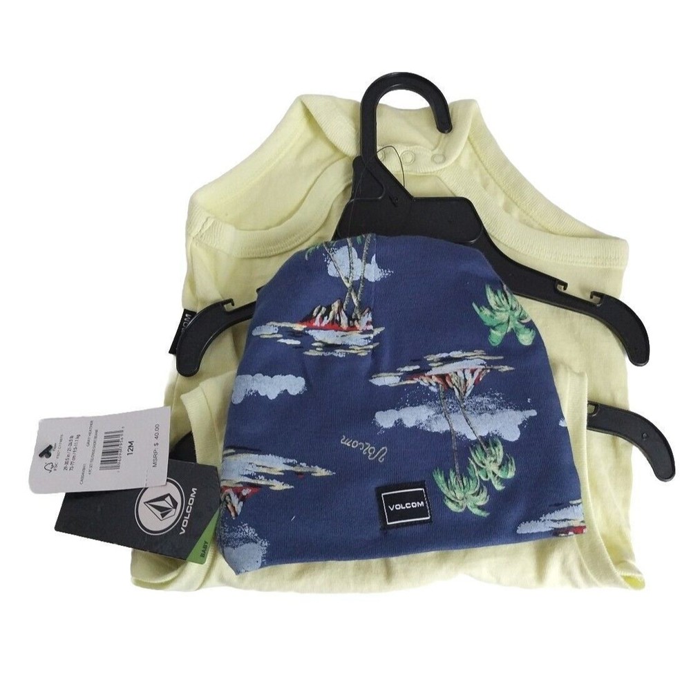 Volcom Boys 2 Piece Set 12 Months Baby Tropical Romper And Beanie NWT And Hanger
